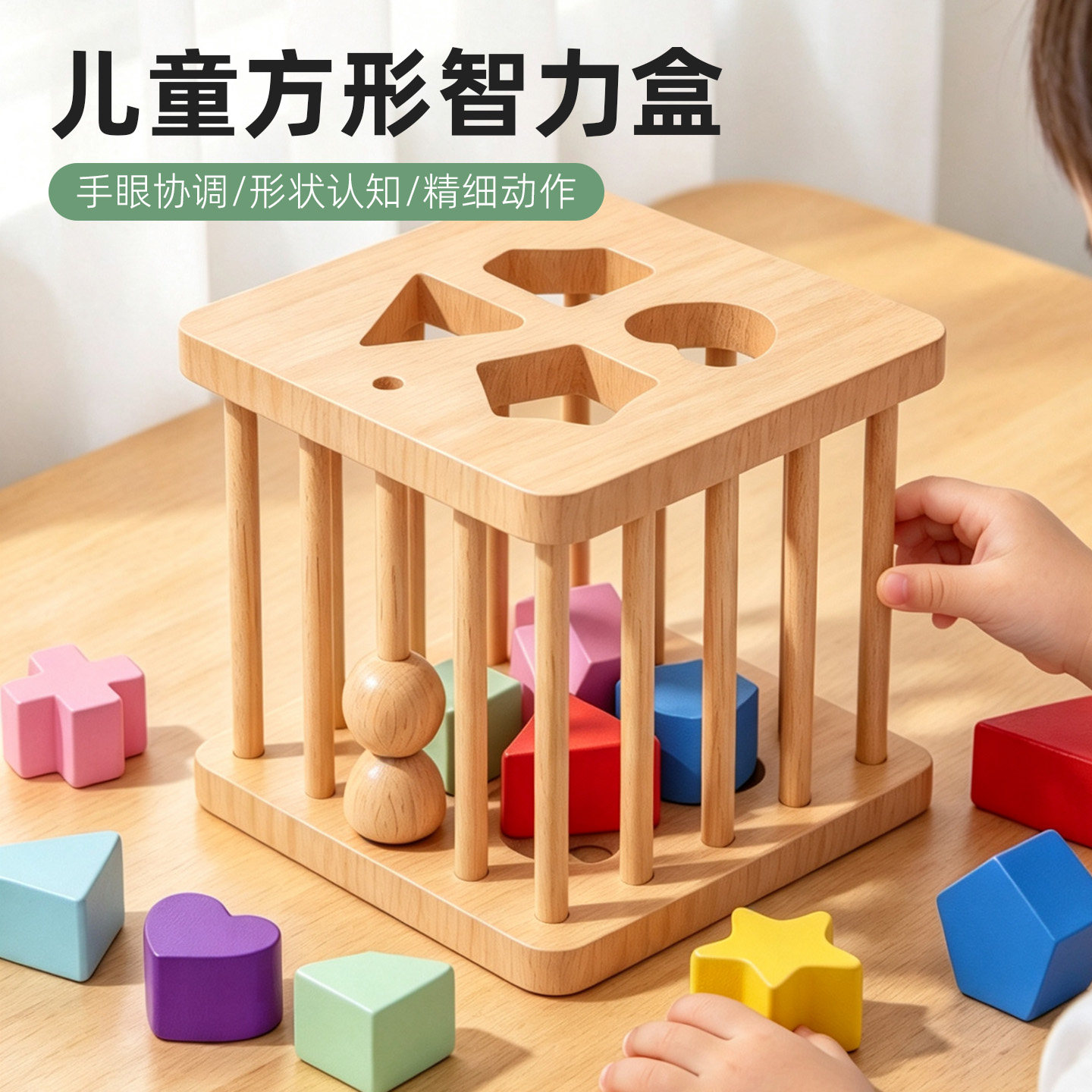 儿童实木几何方形智力盒积木玩具