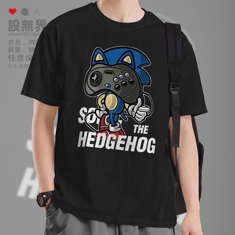 刺猬的游戏机短袖T恤男女纯棉休闲潮圆领学生衣服夏季0007设 无界
