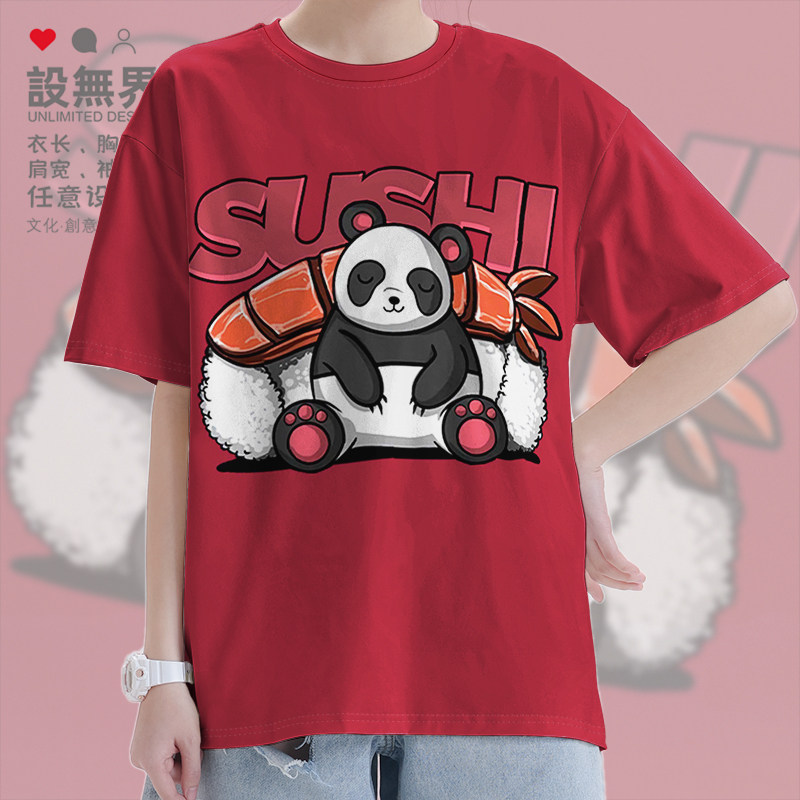 小脚丫熊猫pink日系寿司短袖T恤男女动物图案衣服夏学生潮设 无界