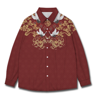 宫廷官服龙纹鹤群祥云图案长袖衬衫男女中国风花衬衣000G设 无界