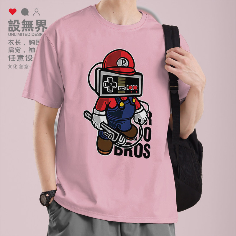 马里奥游戏机维修工人卡通插画纯棉短袖T恤男女上衣夏0007设 无界