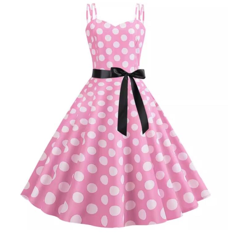 复古港风圆点波占印花吊带连衣裙