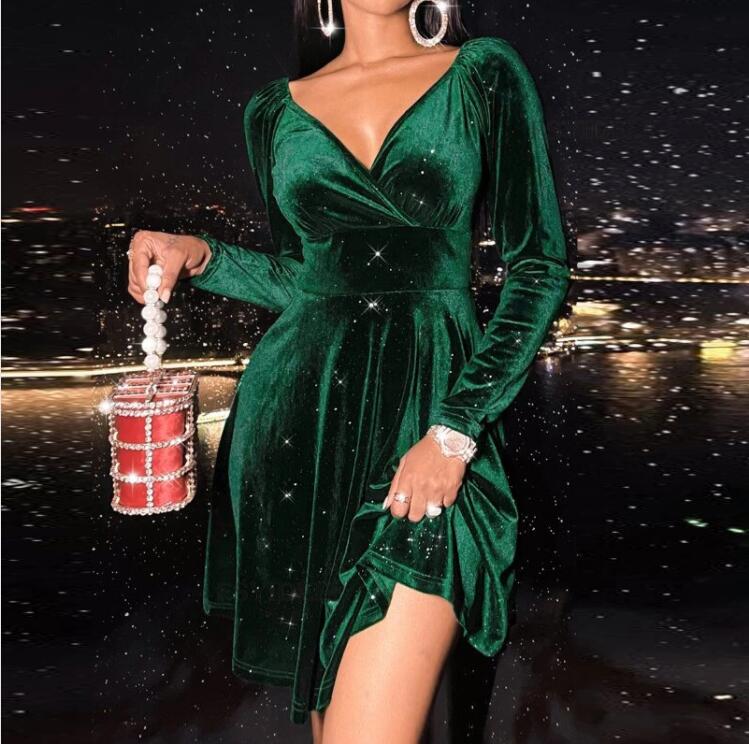 欧美风秋冬新款V领hristmas修身显瘦A字插肩袖连衣裙晚礼服DRESS