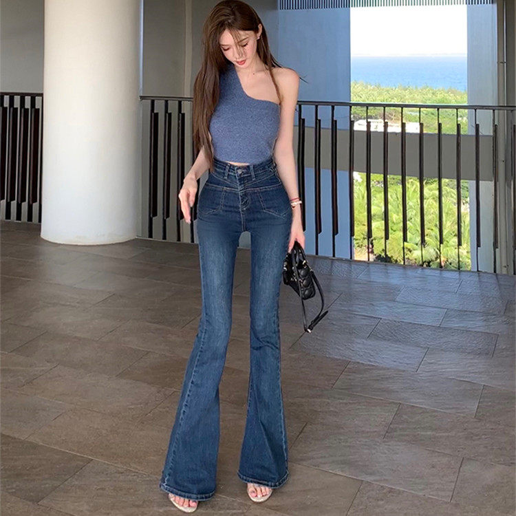 蓝色春秋新品修身高腰显瘦辣妹口袋微喇叭休闲百搭牛仔长裤Jeans