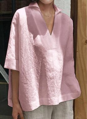 欧美春夏V领纯色宽松短袖衬衫女
