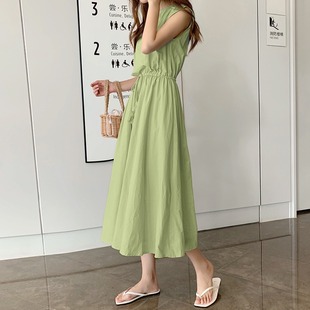 夏季韩版新款纯色文艺学生收腰圆领宽松中长款无袖连衣裙女DRESS