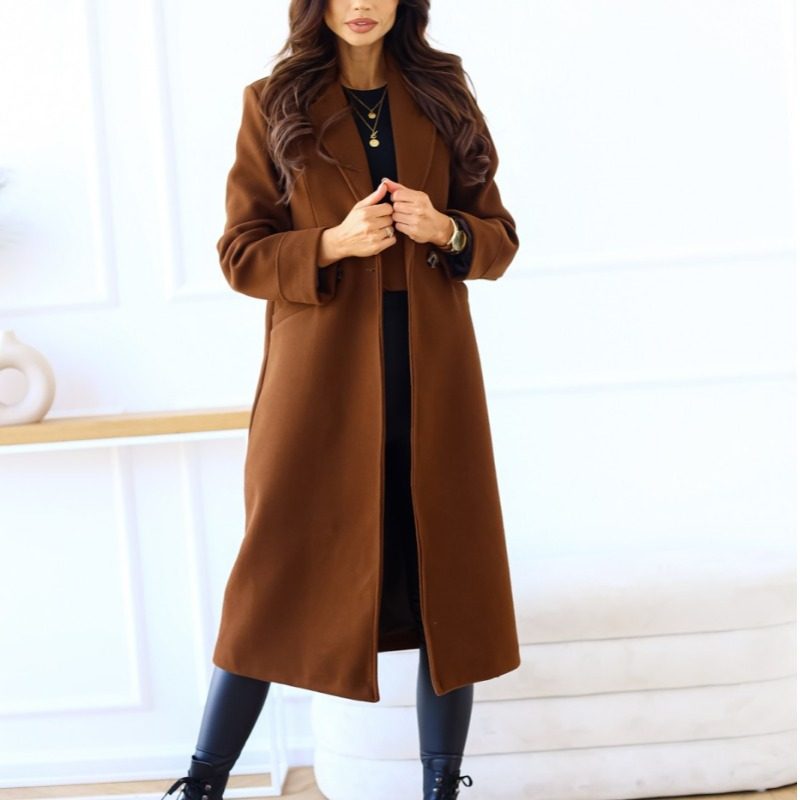 跨境速卖通秋冬新款西装领卡其色简约双排扣中长款毛呢外套女coat