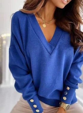 亚马逊春季新款简约V领纯色袖口纽扣装饰长袖针织衫宽松打底衫女