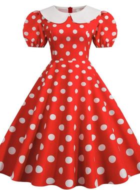 欧洲站法式学院甜美娃娃领圆点波点印花修身泡泡短袖连衣裙DRESS