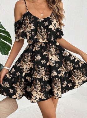 夏季新款欧美风黑色气质印花露肩吊带荷叶边短袖连衣裙短裙DRESS