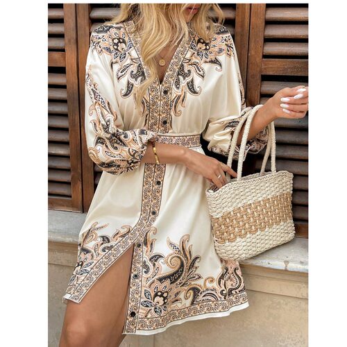 欧美V领定位印花五分袖连衣裙女