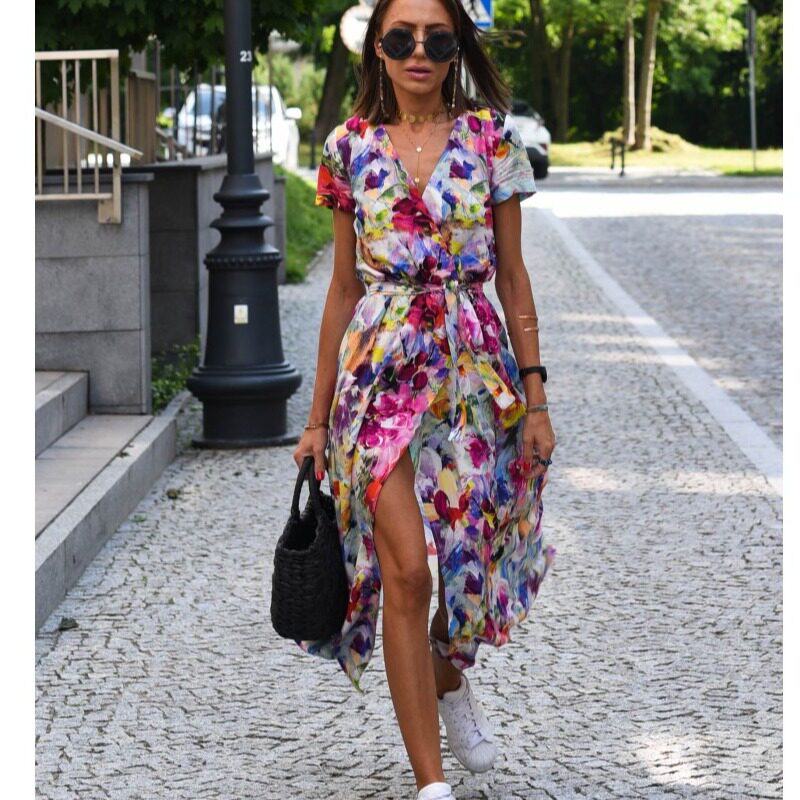 春花烂漫欧美夏季新款V领小碎花收腰系带开叉中长短袖连衣裙DRESS