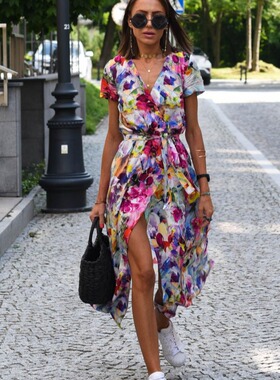 春花烂漫欧美夏季新款V领小碎花收腰系带开叉中长短袖连衣裙DRESS