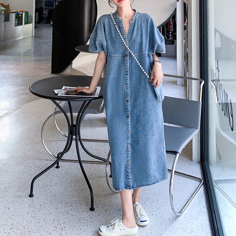 港风复古欧美V领夏时尚单排扣轻奢宽松休闲短袖中长款牛仔连衣裙