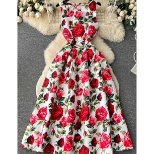 欧美新款 背心连衣裙长裙礼服长裙聚会 通勤OL圆领玫瑰rose印花无袖