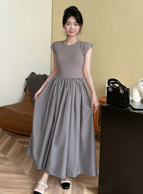 韩版大码灰色圆领无袖高弹T恤拼接大摆裙假两件中长款连衣裙DRESS