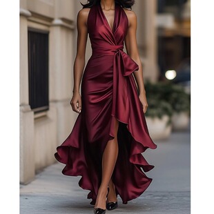 欧美夏季 连衣裙礼服长裙女 缎面深V领纯色收腰荷叶边不规则无袖