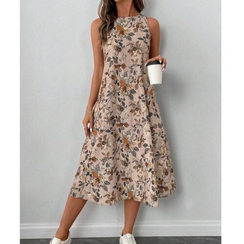 欧洲夏季圆领碎花口袋背心连衣裙