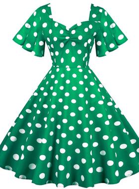 欧洲站复古赫本风圆点波点印花收腰显瘦休闲短袖大摆连衣裙DRESS