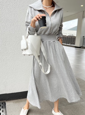 韩版大码女装甜美学生灰色松紧高腰翻领拉链长袖卫衣连衣裙DRESS