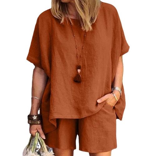 大码女装圆领短袖衬衫短裤两件套