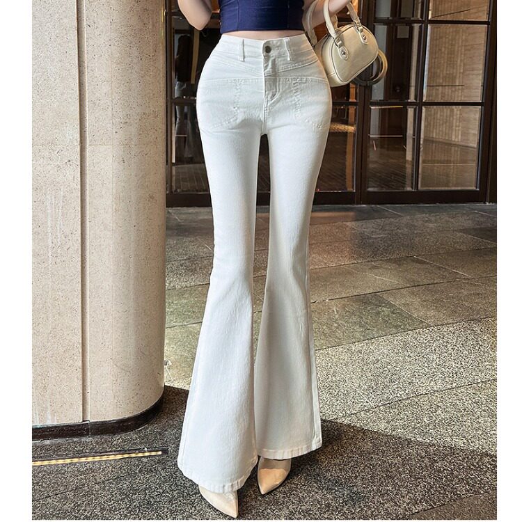 春季新款韩版时尚通勤OL卡其色高腰紧身显瘦休闲弹力喇叭牛仔长裤