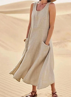 欧洲站速卖通圆领浅蓝色A字宽松中长款无袖背心连衣裙短裙女DRESS