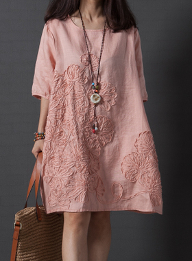 韩版复古文艺港风盘绣大码女装小清新粉色宽松短袖连衣裙潮DRESS