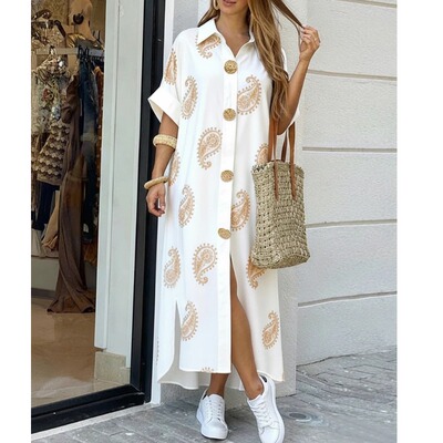 夏季新款欧美时尚翻领印花宽松开叉短袖中长款衬衫连衣裙女DRESS