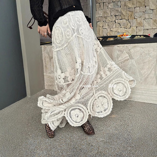 甜美波西米亚春秋新款 镂空钩花针织透视半身裙A字大摆花边裙度假