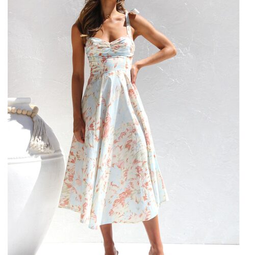 碎花系带修身吊带中长款连衣裙