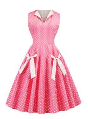 亚马逊2020夏季新款淑女圆点波点蝴蝶结无袖V领派对连衣裙 4色5码