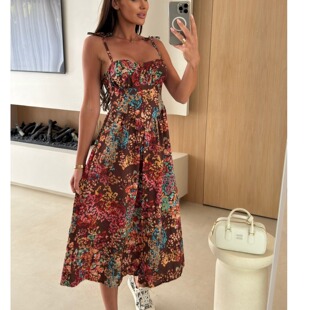夏季新款一字领欧美度假条纹斑马纹A字露背中长款吊带连衣裙DRESS