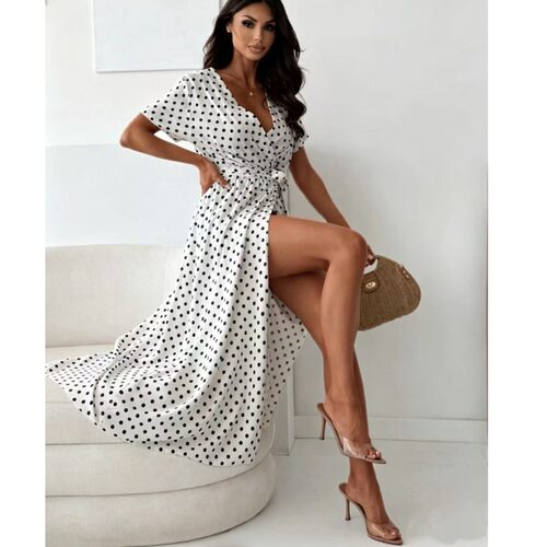 欧美夏季新款时尚波点V领一片式系带收腰开叉短袖连衣裙长裙DRESS