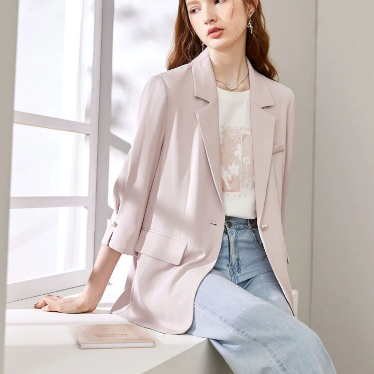 韩版夏季新款时尚通勤OL粉色一粒扣西装外套气质七分袖西服外搭女