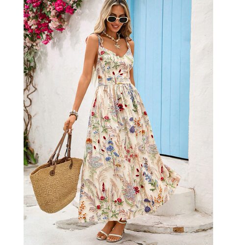 甜美个性印花V领系带露背收腰吊带连衣裙海边度假日常穿搭DRESS