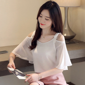 新款 夏季 韩版 女装 宽松显瘦露肩上衣潮 纯色一字领雪纺衫 时尚 短袖
