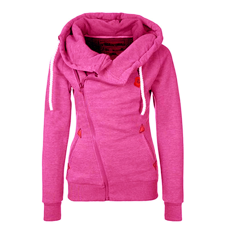 春秋新款学生红色斜拉链连帽抽绳抓绒长袖卫衣外套Women's Hoodie