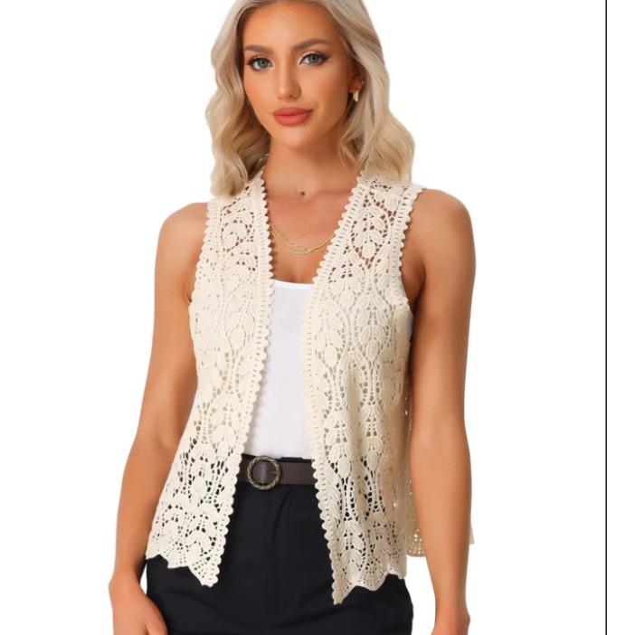 欧美风夏季新款小个子时尚针织钩花编织马甲镂空开衫披肩白色百搭