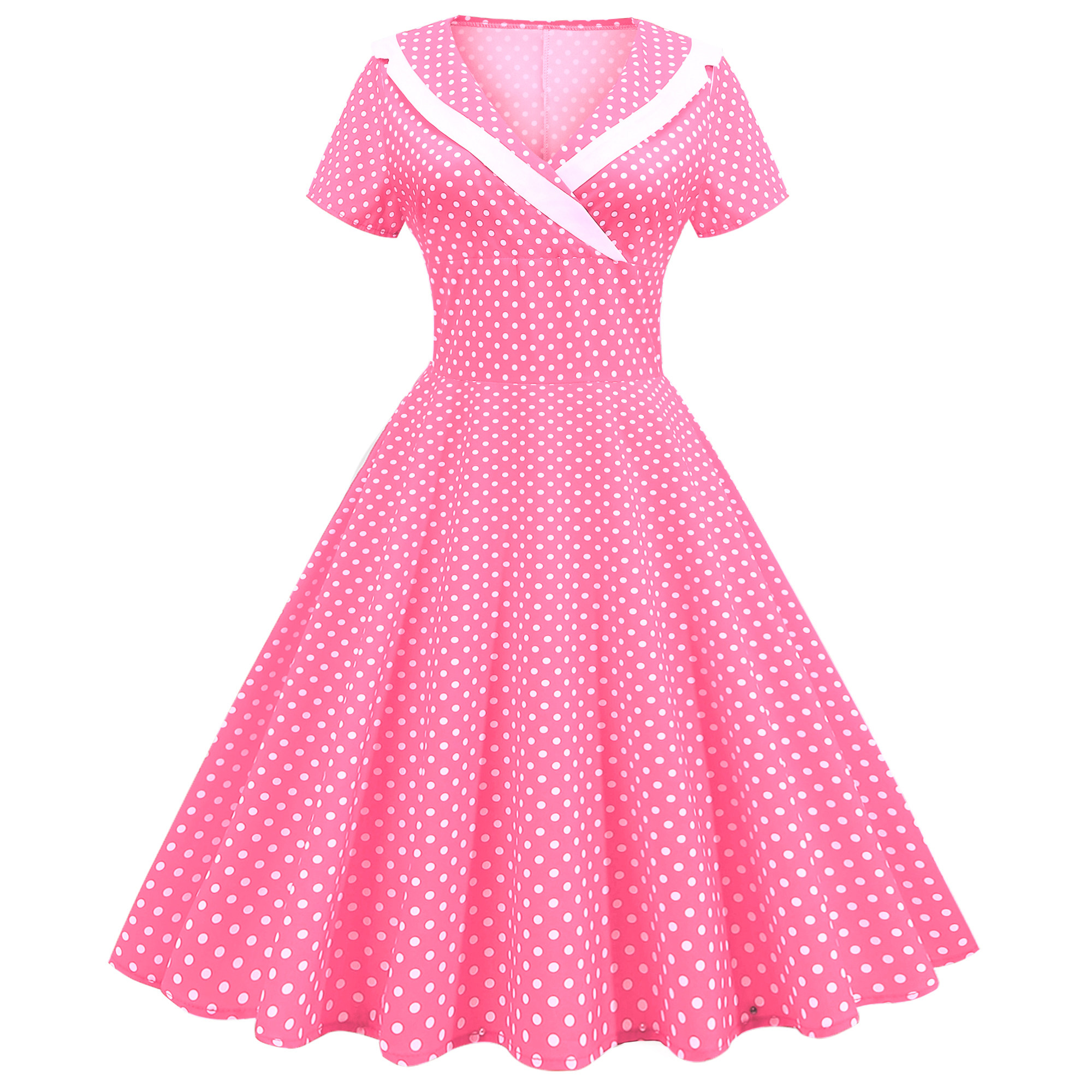 甜美夏季V领波点圆点印花修身A字短袖大摆连衣裙表演跳舞裙DRESS