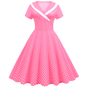 大摆连衣裙表演跳舞裙DRESS A字短袖 甜美夏季 V领波点圆点印花修身