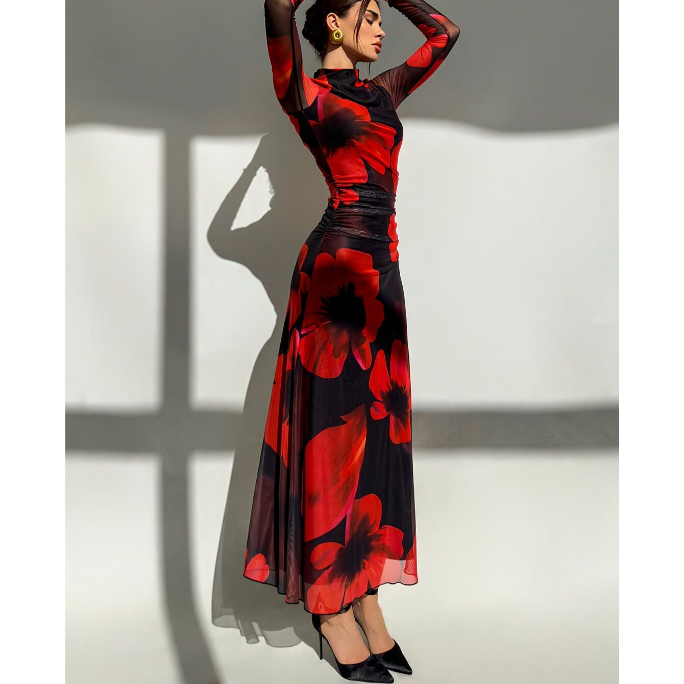 欧美半高领扎染网纱长袖连衣裙