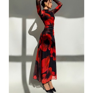 优雅红色晚礼服欧美新款半高领扎染印花网眼派对长袖连衣裙长裙女