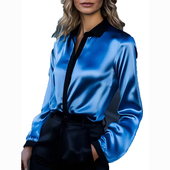 新款 欧美风时尚 通勤OL缎面撞色拼接单排扣简约长袖 春季 衬衫 上衣女