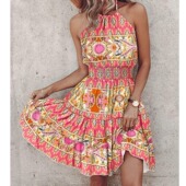 波西米亚欧美夏季 露背Sexy挂脖收腰碎花无袖 荷叶边连衣裙女DRESS