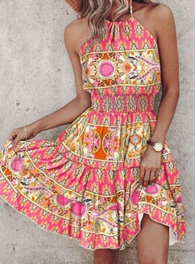 波西米亚欧美夏季露背Sexy挂脖收腰碎花无袖荷叶边连衣裙女DRESS