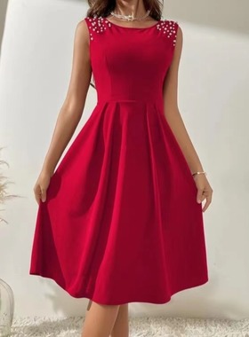 夏季新款速卖通圆领肩部钉珠褶皱修身A字时尚红色无袖连衣裙DRESS