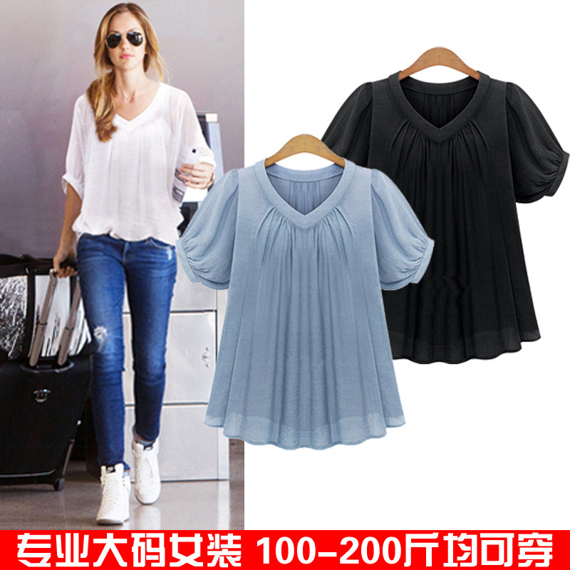 2018夏装新品欧美风大码女装胖mm纯色短袖雪纺衫Chiffon sweater