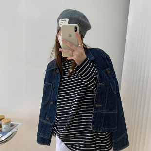 宽松休闲复古口袋明线简约上衣外套 韩版 22春季 深蓝色牛仔外套女