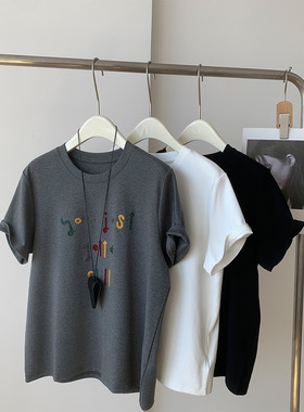 灰色复古字母刺绣短袖t恤女春夏新款时尚简约百搭显瘦小个子上衣